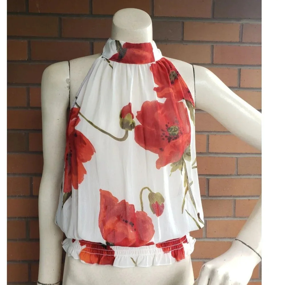 Vintage large red poppy 100% viscose semi - sheer high neck top - keyhole  back